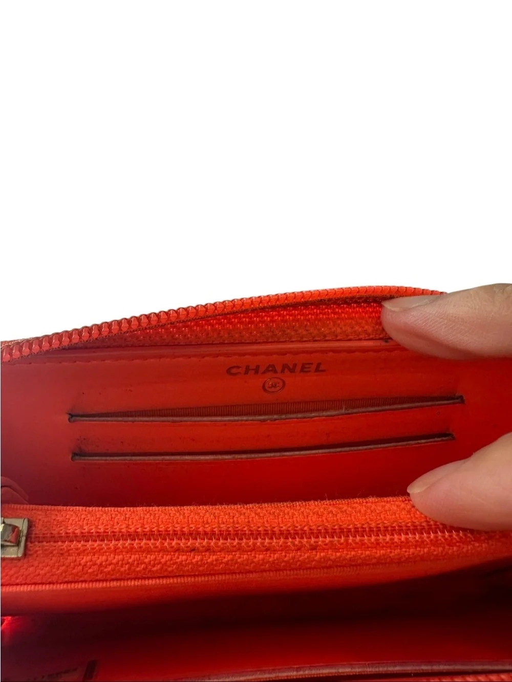 CHANEL Quilted Patent Zip Wallet in Bright Orange